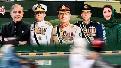 Portraits of Shehbaz Sharif, Navy Chief Admiral Naveed Ashraf (3L), Chief of Army Staff General Syed Asim Munir (C), Air Chief Marshal Zaheer Ahmad Baber (3R) and Chief Minister of the country's Punjab province Maryam Nawaz Sharif in Lahore (AFP File photo) Portraits of Shehbaz Sharif, Navy Chief Admiral Naveed Ashraf (3L), Chief of Army Staff General Syed Asim Munir (C), Air Chief Marshal Zaheer Ahmad Baber (3R) and Chief Minister of the country's Punjab province Maryam Nawaz Sharif in Lahore (AFP File photo)