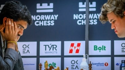 D Gukesh defeated Magnus Carlsen in Round 6 of the ongoing Grand Chess Tour. (Norway Chess) D Gukesh defeated Magnus Carlsen in Round 6 of the ongoing Grand Chess Tour. (Norway Chess)