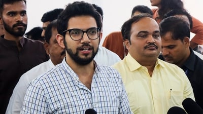 Shiv Sena (UBT) leader Aaditya Thackeray addresses the media during the Monsoon session of Maharashtra assembly at Vidhan Bhavan in Mumbai on Thursday, (PTI) Shiv Sena (UBT) leader Aaditya Thackeray addresses the media during the Monsoon session of Maharashtra assembly at Vidhan Bhavan in Mumbai on Thursday, (PTI)