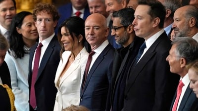 CEO of Meta Mark Zuckerberg, Lauren Sanchez, US businessman Jeff Bezos, CEO of Alphabet and Google Sundar Pichai, and Tesla and SpaceX CEO Elon Musk attend the inauguration ceremony where Donald Trump was sworn in as the 47th US President in January. (AFP File) CEO of Meta Mark Zuckerberg, Lauren Sanchez, US businessman Jeff Bezos, CEO of Alphabet and Google Sundar Pichai, and Tesla and SpaceX CEO Elon Musk attend the inauguration ceremony where Donald Trump was sworn in as the 47th US President in January. (AFP File)