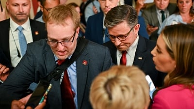 US House Speaker Mike Johnson, a Republican from Louisiana, center right, at the US Capitol in Washington, DC, US, on Wednesday, July 2, 2025. Conservative hardliners' resistance to Donald Trump's massive tax and spending package softened late Wednesday as the president and his allies worked to win them over. (Bloomberg) US House Speaker Mike Johnson, a Republican from Louisiana, center right, at the US Capitol in Washington, DC, US, on Wednesday, July 2, 2025. Conservative hardliners' resistance to Donald Trump's massive tax and spending package softened late Wednesday as the president and his allies worked to win them over. (Bloomberg)