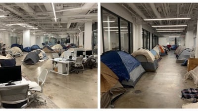 Photographs that show tents pitched inside an office went viral on X this week. (X/@djcows) Photographs that show tents pitched inside an office went viral on X this week. (X/@djcows)