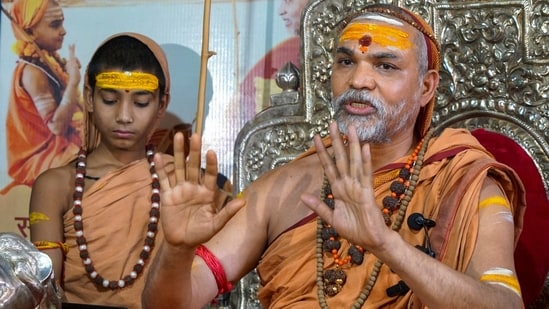 Shankaracharya Avimukteshwarananda adresses a press conference, in Varanasi. (PTI file)