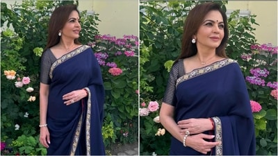 Nita Ambani stuns in elegant blue silk saree adorned with intricate embellishments. (Instagram/@manishmalhotra05) Nita Ambani stuns in elegant blue silk saree adorned with intricate embellishments. (Instagram/@manishmalhotra05)