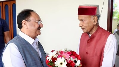Bharatiya Janata Party (BJP) National President JP Nadda meets former Chief minister, Prof  PK Dhumal, at Samirpur in Bilaspur on Friday. (ANI )