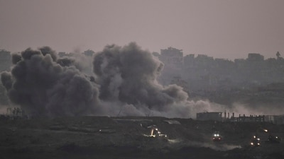 Smoke rises from Israeli bombardment of the Gaza Strip, seen from southern Israel, Thursday, July 3, 2025. (AP)