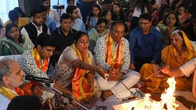 CM Rekha Gupta performs rituals during the inauguration Jan Seva Sadan on Friday. (Vipin Kumar/ Hindustan Times) CM Rekha Gupta performs rituals during the inauguration Jan Seva Sadan on Friday. (Vipin Kumar/ Hindustan Times)