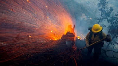 The wind blows embers while a firefighter battles the fire in the Angeles National Forest near Mt. Wilson as the wildfires burn in California. (Reuters)