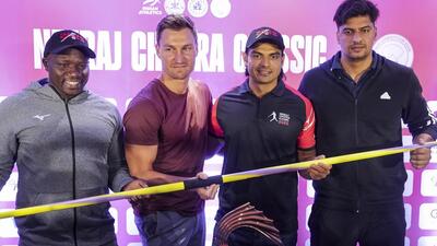 From left: Javelin throwers Julius Yego, Thomas Rohler, Neeraj Chopra and Sachin Yadav ahead of NC Classic in Bengaluru. (PTI) From left: Javelin throwers Julius Yego, Thomas Rohler, Neeraj Chopra and Sachin Yadav ahead of NC Classic in Bengaluru. (PTI)
