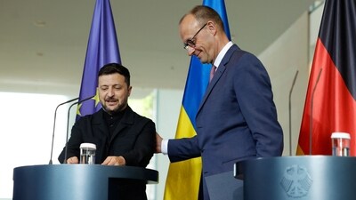 German Chancellor Friedrich Merz (R) and Ukrainian President Volodymyr Zelensky leave after giving a joint press conference at the Chancellery in Berlin on May 28, 2025. (AFP) German Chancellor Friedrich Merz (R) and Ukrainian President Volodymyr Zelensky leave after giving a joint press conference at the Chancellery in Berlin on May 28, 2025. (AFP)