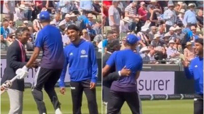Yashasvi Jaiswal meets Kumar Sangakkara during the Edgbaston Test (X) Yashasvi Jaiswal meets Kumar Sangakkara during the Edgbaston Test (X)