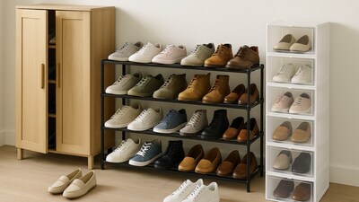 A modern wooden shoe rack keeps your entryway neat while adding a touch of style and function to your home. A modern wooden shoe rack keeps your entryway neat while adding a touch of style and function to your home.