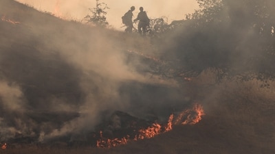 Flames and smoke rise as firefighters tackle the Madre Fire near New Cuyama, July 3, 2025. REUTERS/David Swanson TPX IMAGES OF THE DAY (REUTERS)