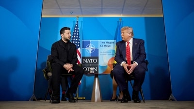 Ukraine's President Volodymyr Zelensky meets with US President Donald Trump on the sideline of the North Atlantic Treaty Organization (NATO) summit in The Hague. (AFP)