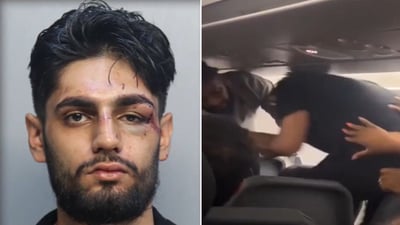 A still from the viral video shows chaos mid-air as an Indian-origin man Ishaan Sharma and another passenger get into a physical altercation aboard a US flight.