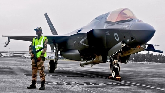 The Royal Navy F-35B fighter jet in Thiruvananthapuram after its emergency landing last month. (X/CISF)