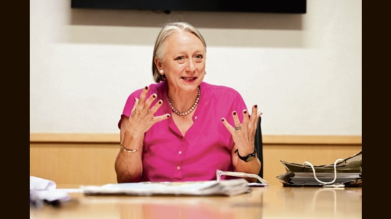 British deputy high commissioner Caroline Rowett interacting with HT staffers in Mohali on Friday. (Ravi Kumar/HT)
