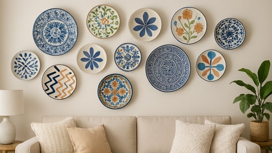 A cosy living room wall styled with eclectic wall plates, mixing patterns and textures to create a warm, collected look.