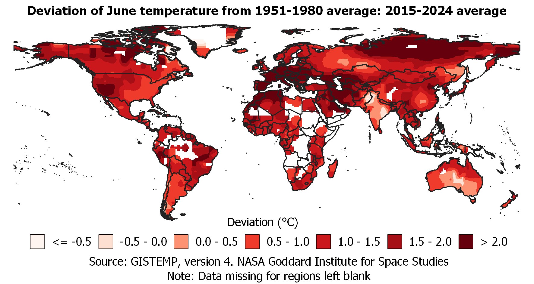 Deviation of June temperature from 1951-1980 average: 2015-2024 average. Deviation of June temperature from 1951-1980 average: 2015-2024 average.