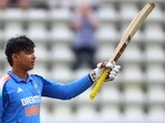 India's Vaibhav Suryavanshi celebrates after completing his century against England U19