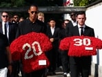 Liverpool's captain Virgil van Dijk and Liverpool's player Andrew Robertson arrive on the day of the funeral ceremony of Liverpool's Portuguese soccer player Diogo Jota and his brother Andre Silva, who died in a car crash near Zamora, Spain, near the Chapel of the Resurrection, in Gondomar, Portugal, July 5, 2025. REUTERS/Pedro Nunes