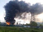 Smoke and fire rise following what local authorities called a Ukrainian drone attack, in the course of Russia-Ukraine conflict, in Sergiyev Posad, outside Moscow, Russia.