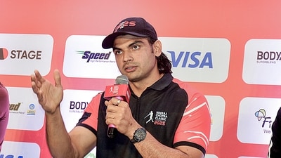 Double Olympic medalist Javelin thrower Neeraj Chopra addresses a press conference on the inaugural edition of the upcoming 'Neeraj Chopra Classic 2025' event, in Bengaluru on Friday. (Arunkumar Rao) Double Olympic medalist Javelin thrower Neeraj Chopra addresses a press conference on the inaugural edition of the upcoming 'Neeraj Chopra Classic 2025' event, in Bengaluru on Friday. (Arunkumar Rao)