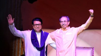 The reunion, which comes after 20 years, was announced in order to celebrate the Maharashtra government's roll back of the three-language policy in primary schools. (@ShivSenaUBT_ X/ANI Photo) The reunion, which comes after 20 years, was announced in order to celebrate the Maharashtra government's roll back of the three-language policy in primary schools. (@ShivSenaUBT_ X/ANI Photo)