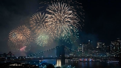 On July 4, 2025, fireworks lit up the night sky over the Brooklyn Bridge as New York City celebrated the 49th edition of the Macy's Fourth of July show. More than 80,000 shells burst from four barges and the bridge itself during the 25-minute spectacle. (AP Photo/Yuki Iwamura) (AP) On July 4, 2025, fireworks lit up the night sky over the Brooklyn Bridge as New York City celebrated the 49th edition of the Macy's Fourth of July show. More than 80,000 shells burst from four barges and the bridge itself during the 25-minute spectacle. (AP Photo/Yuki Iwamura) (AP)