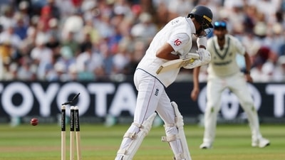 Shoaib Bashir's stumps are knocked over on the last ball of the innings. England finished on 407 all-out — a full 180 runs behind India, but avoiding the follow-on after it seemed inevitable earlier in the day. A fighting effort. (Action Images via Reuters)