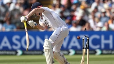 The 303-run partnership is finally snapped, Akash Deep using the second new ball to nip back heavily and make a mess of Brook's stumps. All 10 wickets were taken inside 20 overs of either new ball, as India cleaned up after this dismissal. (AP) The 303-run partnership is finally snapped, Akash Deep using the second new ball to nip back heavily and make a mess of Brook's stumps. All 10 wickets were taken inside 20 overs of either new ball, as India cleaned up after this dismissal. (AP)