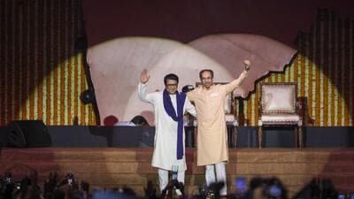 MNS chief Raj Thackeray (left) and Shiv Sena (UBT) chief Uddhav Thackeray during a joint victory rally at Worli, in Mumbai, on Saturday. (PTI) MNS chief Raj Thackeray (left) and Shiv Sena (UBT) chief Uddhav Thackeray during a joint victory rally at Worli, in Mumbai, on Saturday. (PTI)
