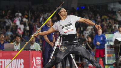 Neeraj Chopra competes in the Neeraj Chopra Classic at Kanteerava Stadium in Bengaluru on Saturday. (PTI)