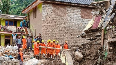Relief and rescue operation underway after flash floods at Thunag, in Mandi district, Himachal Pradesh. (X/@SukhuSukhvinder) Relief and rescue operation underway after flash floods at Thunag, in Mandi district, Himachal Pradesh. (X/@SukhuSukhvinder)