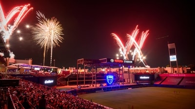 Fireworks lit up the sky over Toyota Stadium in Frisco, Texas, following the FC Dallas vs. Minnesota United game on July 4, 2025. Mandatory Credit: Jerome Miron-Imagn Images (IMAGN IMAGES via Reuters Connect)
