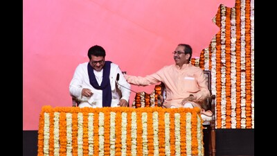 Shiv Sena (UBT) chief Uddhav Thackeray with his cousin and Maharashtra Navnirman Sena (MNS) chief Raj Thackeray during a joint rally in Mumbai. (ANI Photo) Shiv Sena (UBT) chief Uddhav Thackeray with his cousin and Maharashtra Navnirman Sena (MNS) chief Raj Thackeray during a joint rally in Mumbai. (ANI Photo)