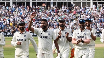 A triumphant Mohammed Siraj acknowledges the crowd after taking figures of 6-70. Siraj was rewarded for some accurate, threatening bowling after being asked to lead the pace unit in Birmingham. (AFP) A triumphant Mohammed Siraj acknowledges the crowd after taking figures of 6-70. Siraj was rewarded for some accurate, threatening bowling after being asked to lead the pace unit in Birmingham. (AFP)