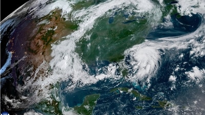 This image provided by NOAA shows Tropical Storm Chantal forming off the coast of the Carolinas on Saturday (AP)