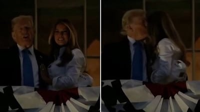 Donald Trump and Melania's kiss and hug stunned the crowd, with many getting 'awww'-ed' while looking at the First Couple.. (X@nicksortor) Donald Trump and Melania's kiss and hug stunned the crowd, with many getting 'awww'-ed' while looking at the First Couple.. (X@nicksortor)