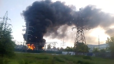 Smoke and fire rise following what local authorities called a Ukrainian drone attack, in the course of Russia-Ukraine conflict, in Sergiyev Posad, outside Moscow, Russia. (Reuters)