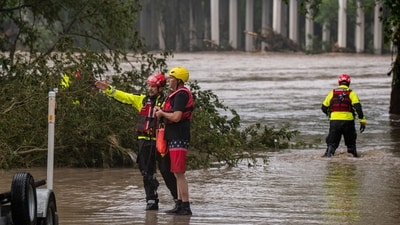 Boerne Search and Rescue teams prepare deployment routes along the Guadalupe River on July 4, 2025 in Comfort, Texas. Meanhwile, the National Weather Service has issued a flash flood warning for western Burnet County. (Getty Images via AFP)