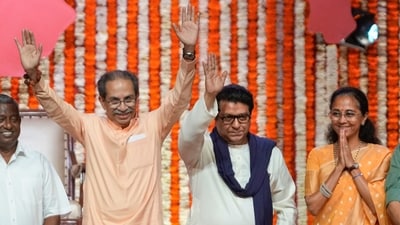 Shiv Sena (UBT) chief Uddhav Thackeray, Maharashtra Navnirman Sena (MNS) chief Raj Thackeray and NCP (SP) Working President Supriya Sule during a joint victory rally, titled 'Awaj Marathicha' in Worli. (PTI) Shiv Sena (UBT) chief Uddhav Thackeray, Maharashtra Navnirman Sena (MNS) chief Raj Thackeray and NCP (SP) Working President Supriya Sule during a joint victory rally, titled 'Awaj Marathicha' in Worli. (PTI)