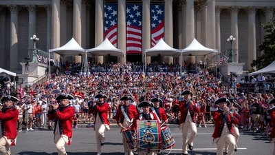 Members of the US Army Old Guard Fife and Drum Corps perform during Fourth of July parade at the National Archives, (AP) Members of the US Army Old Guard Fife and Drum Corps perform during Fourth of July parade at the National Archives, (AP)