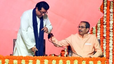 Shiv Sena (UBT) Chief Uddhav Thackeray, with his brother and Maharashtra Navnirman Sena (MNS) Chief Raj Thackeray, in Mumbai on Saturday. (ANI) Shiv Sena (UBT) Chief Uddhav Thackeray, with his brother and Maharashtra Navnirman Sena (MNS) Chief Raj Thackeray, in Mumbai on Saturday. (ANI)
