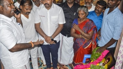 AIADMK members and others pay tribute to Ajithkumar who died in custody, in Sivaganga, Tamil Nadu, on Wednesday (PTI) AIADMK members and others pay tribute to Ajithkumar who died in custody, in Sivaganga, Tamil Nadu, on Wednesday (PTI)
