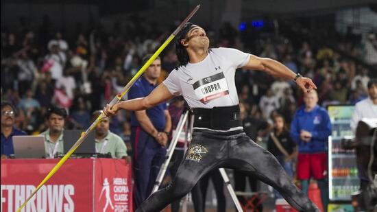 Neeraj Chopra competes in the Neeraj Chopra Classic at Kanteerava Stadium in Bengaluru on Saturday. (PTI)
