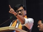Shiv Sena (UBT) MP Sanjay Raut is addressing workers of the party in Mumbai. (Praful Gangurde /HT file)