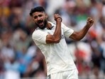 India's Akash Deep celebrates after taking the LBW wicket of England's Harry Brook 