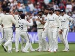 India's Akash Deep celebrates with teammates after taking the wicket of England's Jamie Smith