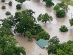 A drone view shows an area flooded by the swollen San Gabriel river, in Georgetown, Texas, U.S. July 5, 2025 in this screen grab from social media video. (Adam Grumbo/via REUTERS)